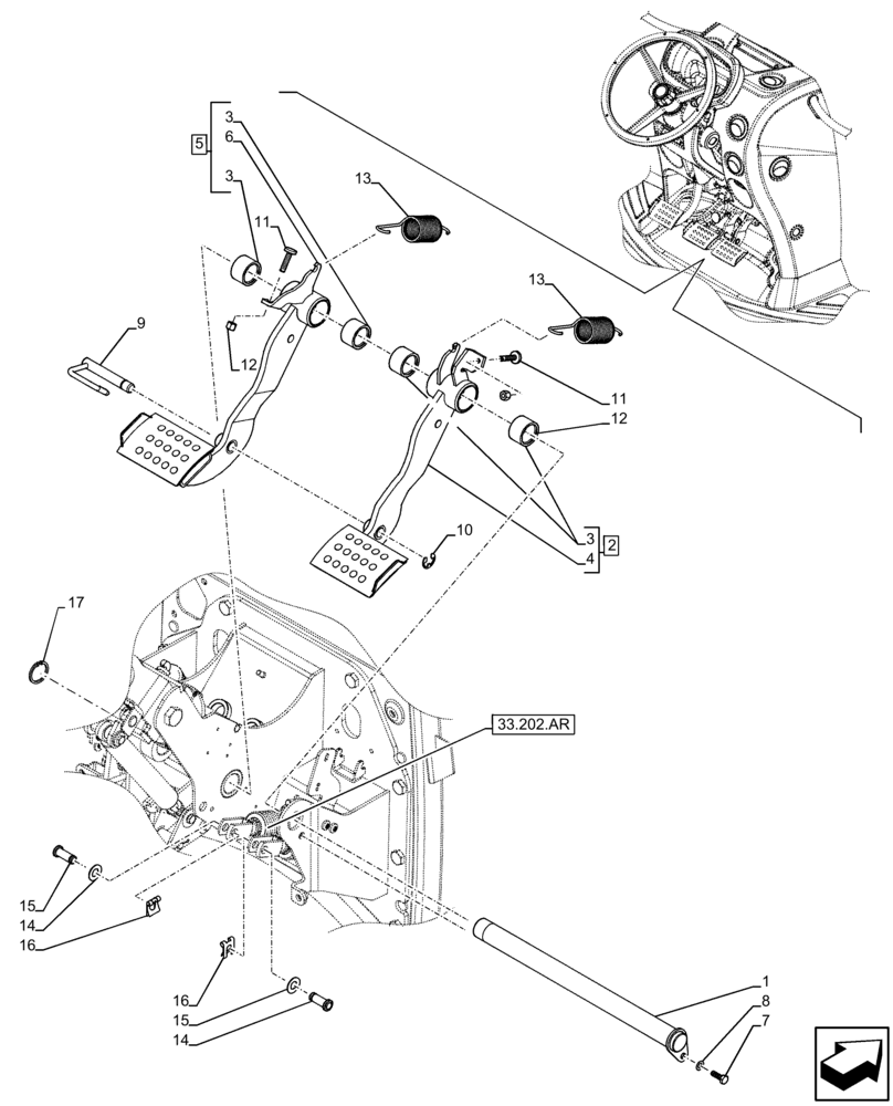 Схема запчастей Case IH FARMALL 120C - (33.202.BN[01]) - VAR - 334183, 334187, 334190, 334211, 391606, 392315, 743496, 743573, 744588 - BRAKE, PEDAL (33) - BRAKES & CONTROLS