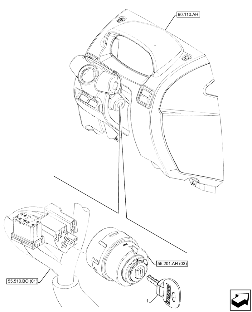 Схема запчастей Case IH FARMALL 90C - (55.201.AH[06]) - VAR - 334187, 334190, 392315 - IGNITION KEY, W/O CAB (55) - ELECTRICAL SYSTEMS