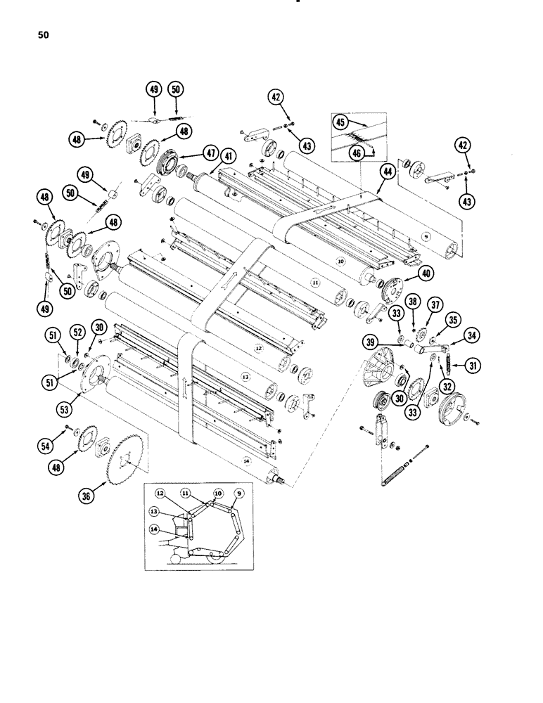 Схема запчастей Case IH 3650 - (50) - BELTS AND ROLLER ASSEMBLIES 9 - 14, MACHINES WITH 1.378" (35 MM) ID BEARINGS, PRIOR TO P.I.N. 001530 