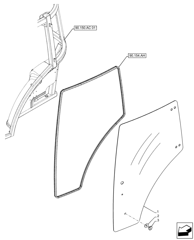 Схема запчастей Case IH FARMALL 130A - (90.154.AV) - VAR - 391610 - CAB DOOR, GLASS (90) - PLATFORM, CAB, BODYWORK AND DECALS