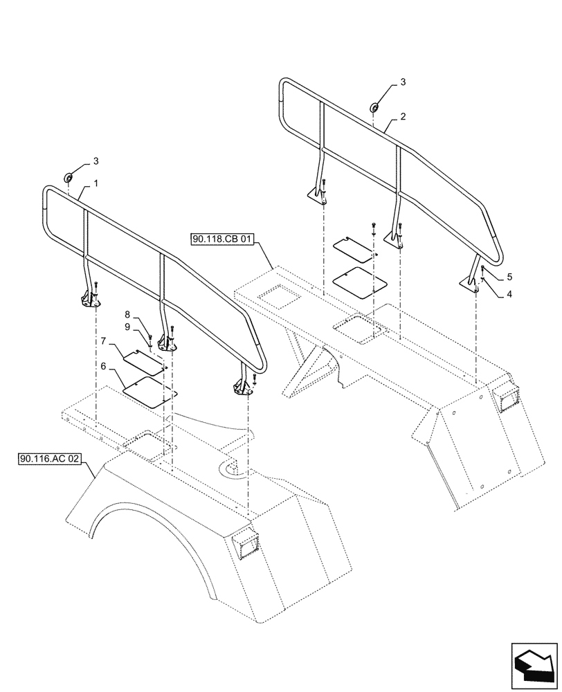 Схема запчастей Case IH TITAN 4540 - (90.118.AX[01]) - HANDRAIL, USED WITH 810 FLEX-AIR SYSTEM, 4040, 4540 (90) - PLATFORM, CAB, BODYWORK AND DECALS