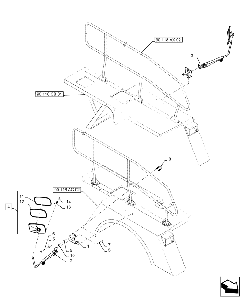 Схема запчастей Case IH TITAN 4040 - (90.118.BM[05]) - WALKWAY MOUNTED MIRRORS, LOW, USED ON 810 FLEX-AIR SYSTEM, 4040, 4540 (90) - PLATFORM, CAB, BODYWORK AND DECALS