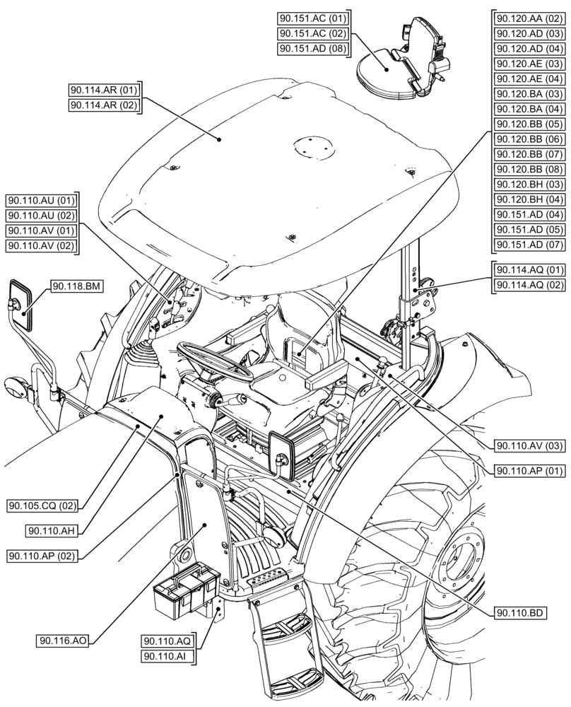 Схема запчастей Case IH FARMALL 120C - (00.000.90[02]) - PICTORIAL INDEX - PLATFORM, CAB, BODYWORK AND DECALS (00) - GENERAL & PICTORIAL INDEX