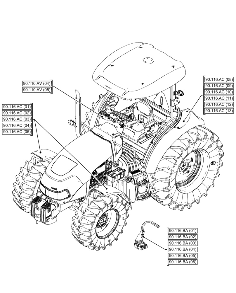 Схема запчастей Case IH FARMALL 120C - (00.000.90[04]) - PICTORIAL INDEX - PLATFORM, CAB, BODYWORK AND DECALS (00) - GENERAL & PICTORIAL INDEX