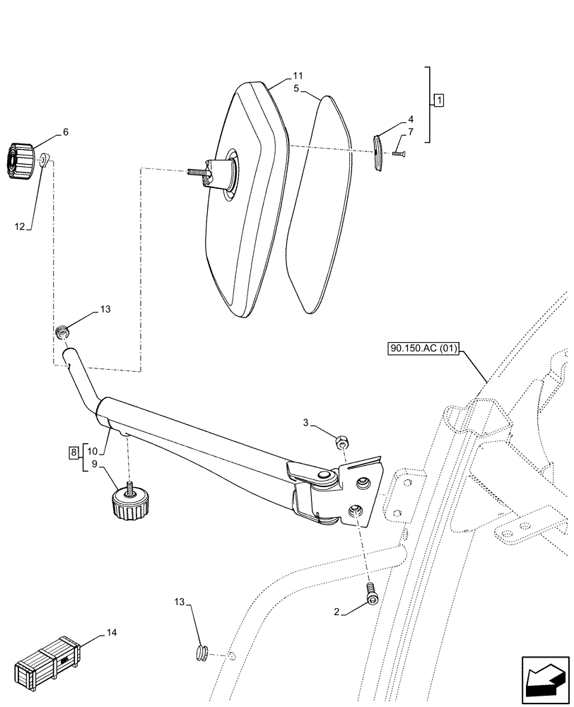 Схема запчастей Case IH MAXXUM 150 - (90.118.BM[01]) - VAR - 390825, 758350 - REAR VIEW MIRROR, TELESCOPIC (90) - PLATFORM, CAB, BODYWORK AND DECALS