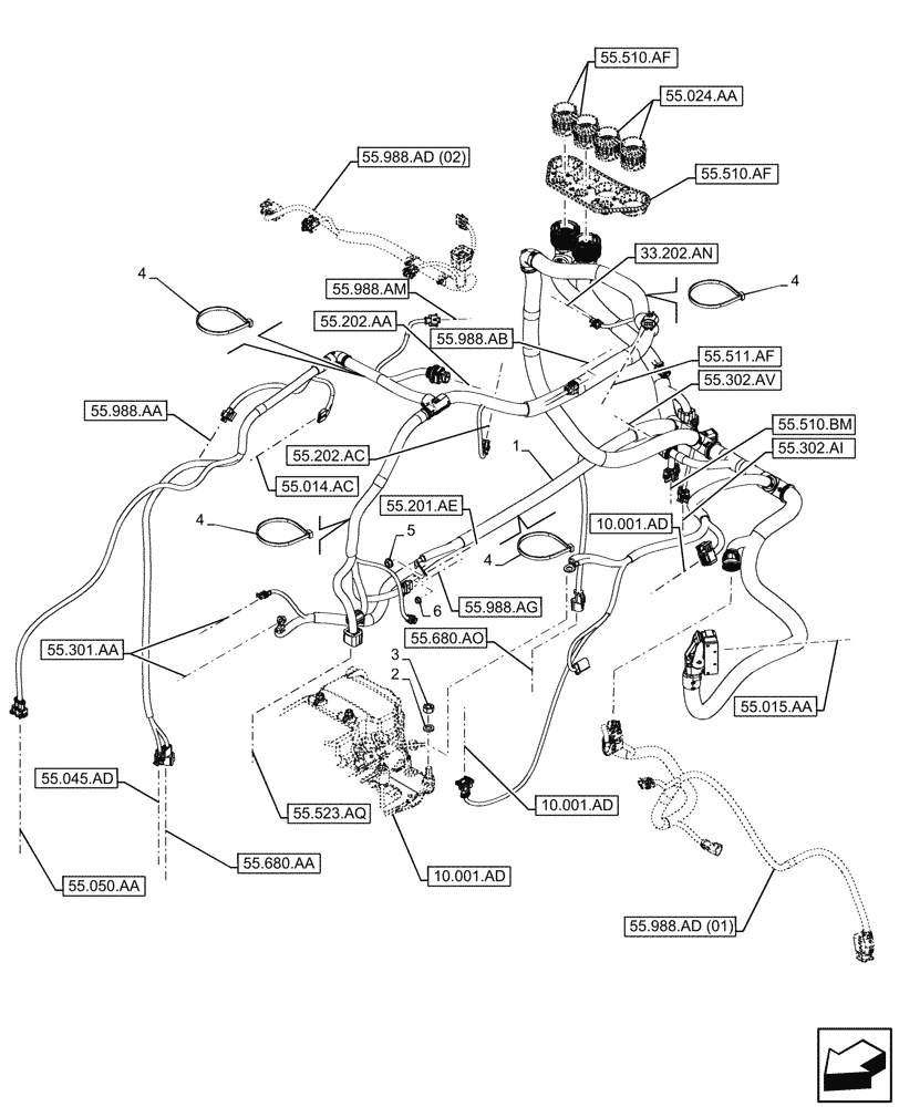 Схема запчастей Case IH MAXXUM 115 - (55.015.AB[01]) - VAR - 392194, 392210, 758400, 758588 - ENGINE, WIRE HARNESS (55) - ELECTRICAL SYSTEMS
