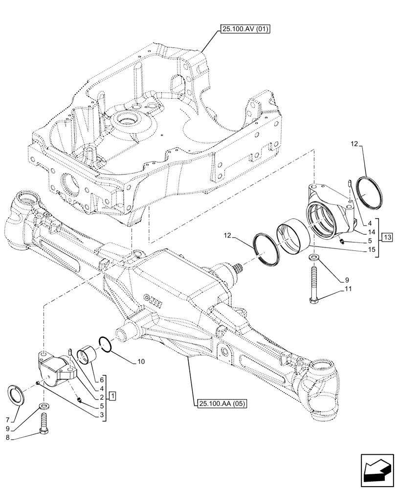 Схема запчастей Case IH MAXXUM 145 - (25.100.AI[04]) - VAR - 758425, 758426 - AXLE SUPPORT, ARTICULATION, SUSPENDED FRONT AXLE WITH HYDR. DIFF. LOCK & STRG SENSOR (25) - FRONT AXLE SYSTEM