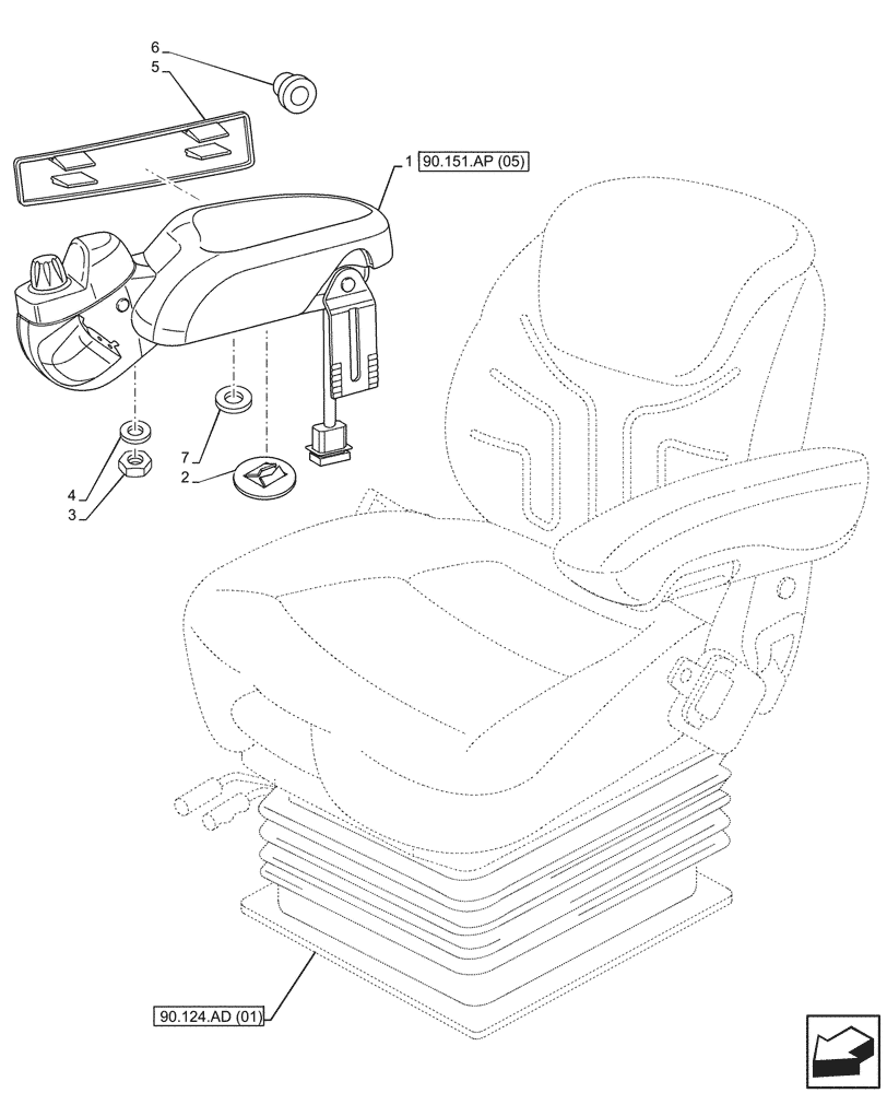 Схема запчастей Case IH MAXXUM 145 - (90.151.AP[04]) - VAR - 390021 - ARMREST, EDC (90) - PLATFORM, CAB, BODYWORK AND DECALS