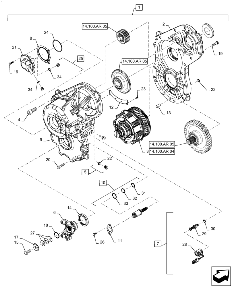 Схема запчастей Case IH QUADTRAC 500 - (14.100.AR[03]) - VAR - 420601 - PARALLEL FLOW HYDRAULIC PUMP DRIVE, SERVICE PARTS, W/ PTO, ASN ZFF304324 (14) - MAIN GEARBOX & DRIVE