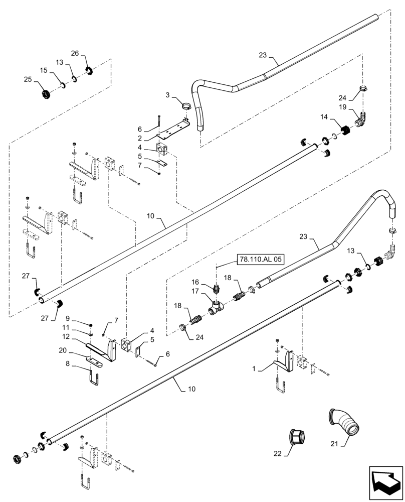 Схема запчастей Case IH PATRIOT 3240 - (78.110.AL[07]) - 100, 6 SECTION, LH OUTER AND BREAKAWAY PLUMBING (78) - SPRAYING