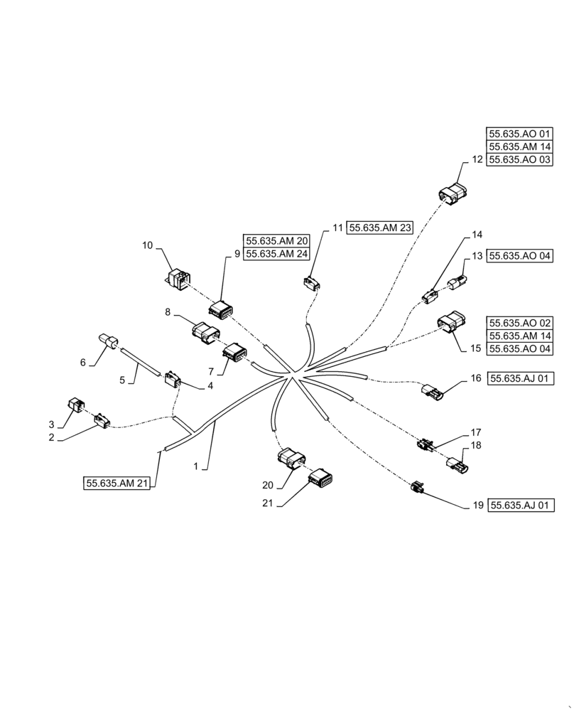 Схема запчастей Case IH PATRIOT 4440 - (55.635.AM[22]) - PRODUCT CONTROL HARNESS, FRAME, REAR HALF, BSN YGT042519 (55) - ELECTRICAL SYSTEMS