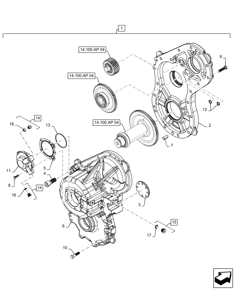 Схема запчастей Case IH QUADTRAC 500 - (14.100.AP[03]) - VAR - 420600 - PARALLEL FLOW HYDRAULIC PUMP DRIVE, SERVICE PARTS, W/O PTO, ASN ZFF304014 (14) - MAIN GEARBOX & DRIVE