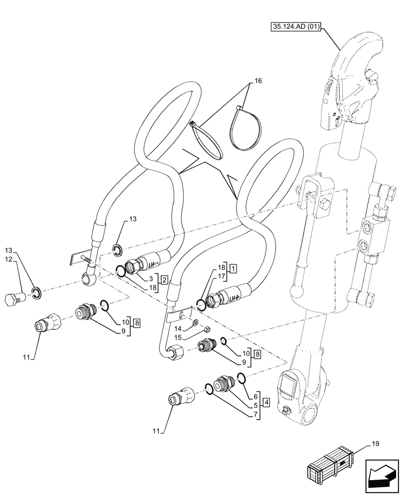 Схема запчастей Case IH MAXXUM 135 - (35.124.AE) - VAR - 758454 - 3 POINT HITCH, REAR, W/ HYDRAULIC TOP LINK, HOSE (35) - HYDRAULIC SYSTEMS