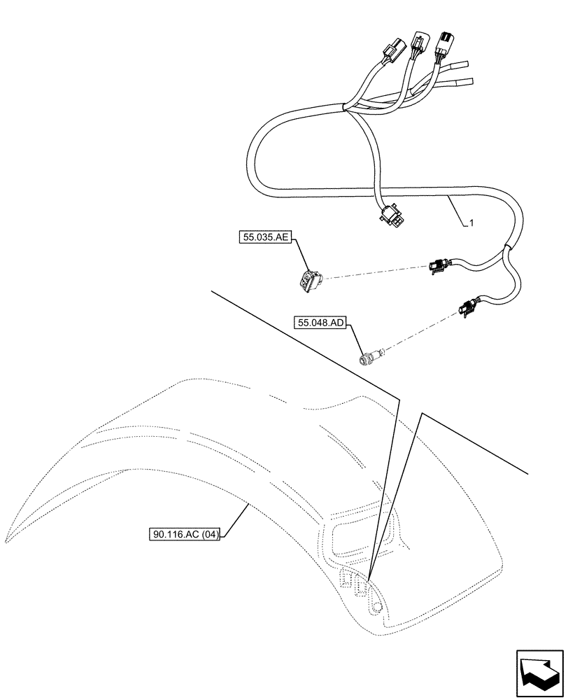 Схема запчастей Case IH MAXXUM 115 - (55.100.BZ[02]) - VAR - 743680 - WIDE REAR FENDERS, HARNESS (55) - ELECTRICAL SYSTEMS