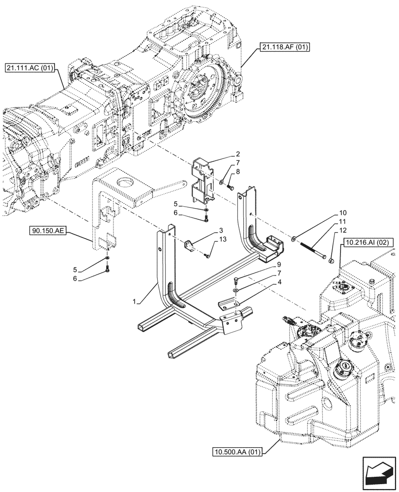 Схема запчастей Case IH MAXXUM 150 - (10.216.AI[01]) - VAR - 390142, 758404 - FUEL TANK, SUPPORT (10) - ENGINE