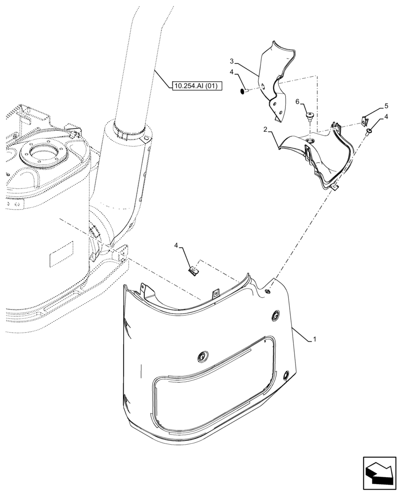 Схема запчастей Case IH FARMALL 110C - (10.254.AI[03]) - VAR - 336914, 336732, 336734, 336736, 336740, 336742, 336744, 336746 - EXHAUST SYSTEM W/ MUFFLER, SHIELD, W/O FRONT LOADER (10) - ENGINE