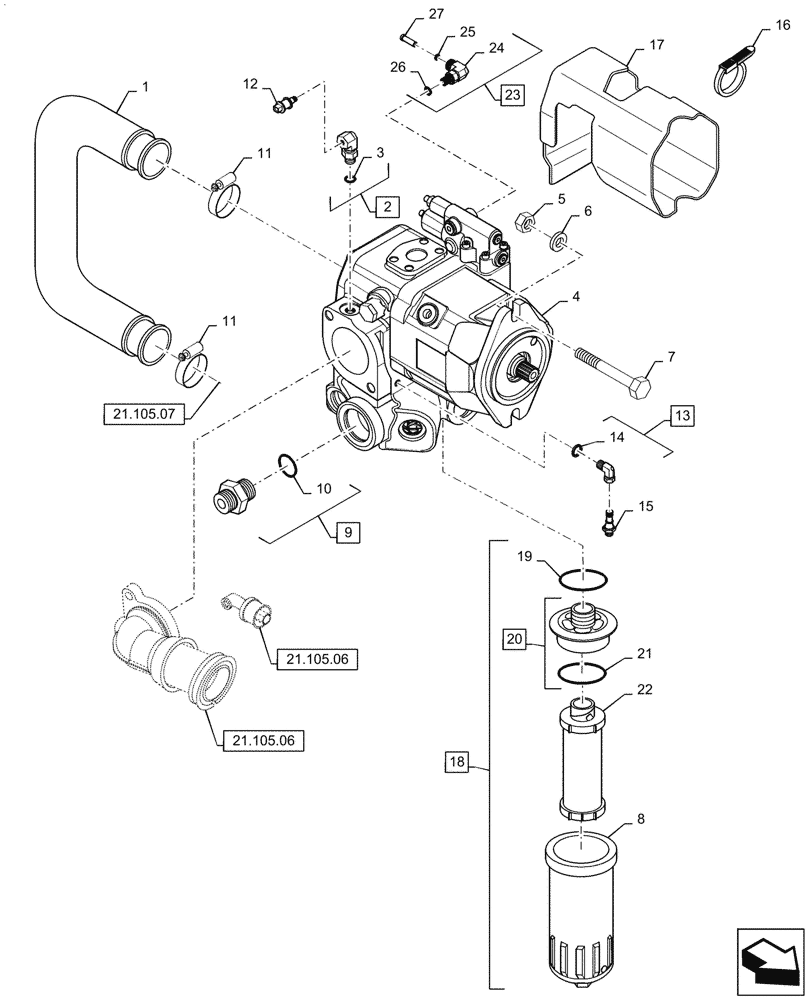 Схема запчастей Case IH MAGNUM 210 - (21.105.03[03]) - HYDRAULIC PUMP, CHARGE PUMP, WITH CONTINUOUSLY VARIABLE TRANSMISSION (21) - TRANSMISSION