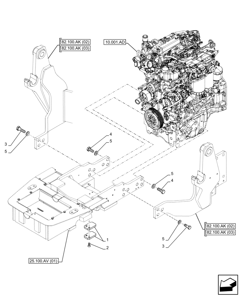 Схема запчастей Case IH FARMALL 120C - (25.100.AV[05]) - VAR - 336914, 336732, 336734, 336736, 336740, 336742, 336744, 336746 - FRONT AXLE, SUPPORT, ENGINE, MOUNTING, W/O FRONT LOADER (25) - FRONT AXLE SYSTEM