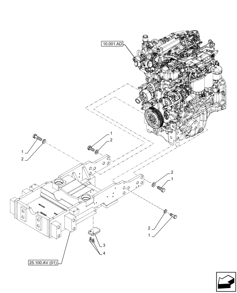 Схема запчастей Case IH FARMALL 120C - (25.100.AV[04]) - VAR - 743593 - FRONT AXLE, SUPPORT, ENGINE, MOUNTING, W/O FRONT LOADER (25) - FRONT AXLE SYSTEM