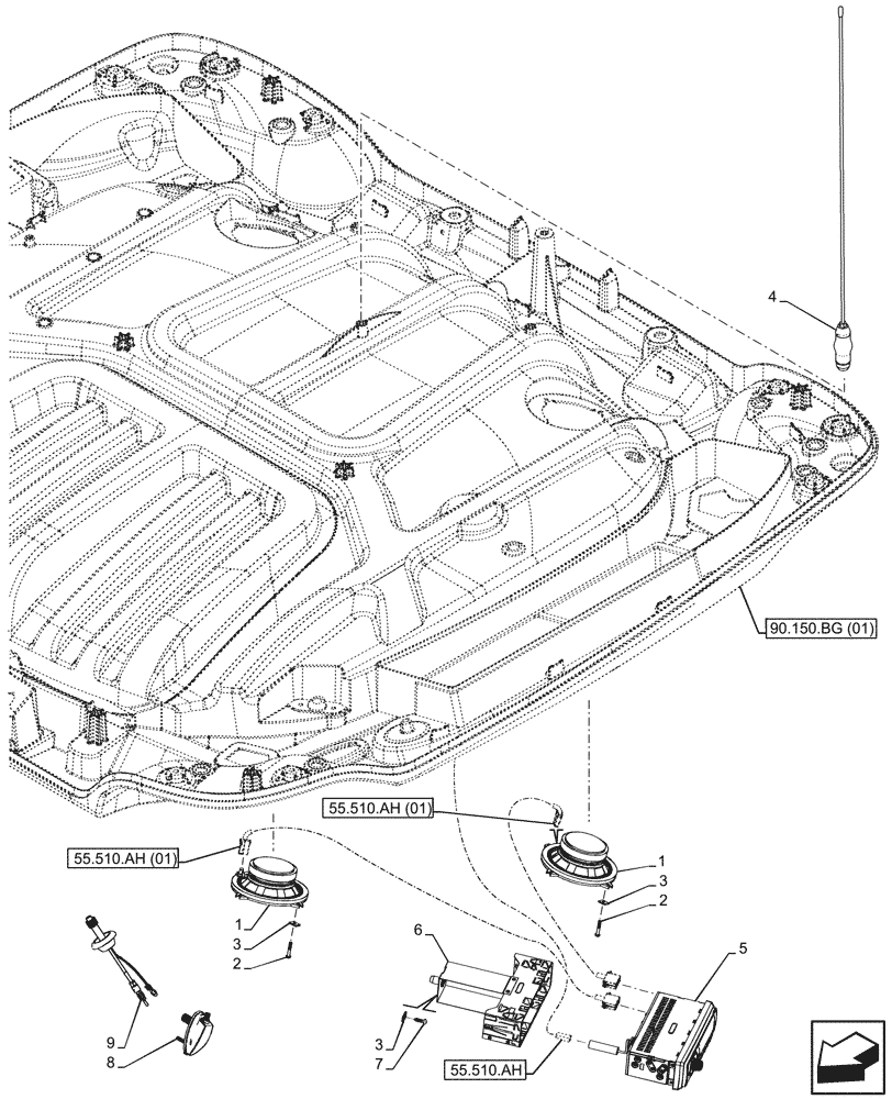 Схема запчастей Case IH MAXXUM 150 - (55.512.AA[05]) - VAR - 743711 - LOW PROFILE ROOF, W/ HIGH PERFORMANCE SPEAKERS, RADIO, ANTENNA, EU (55) - ELECTRICAL SYSTEMS