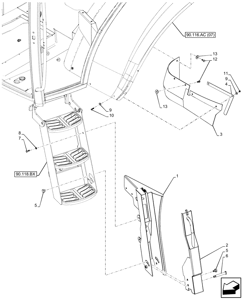 Схема запчастей Case IH MAXXUM 145 - (90.116.AG[07]) - VAR - 743707, 743708 - MUDGUARD, LEFT SIDE, DRAWBAR - END YR 06-DEC-2015 (90) - PLATFORM, CAB, BODYWORK AND DECALS