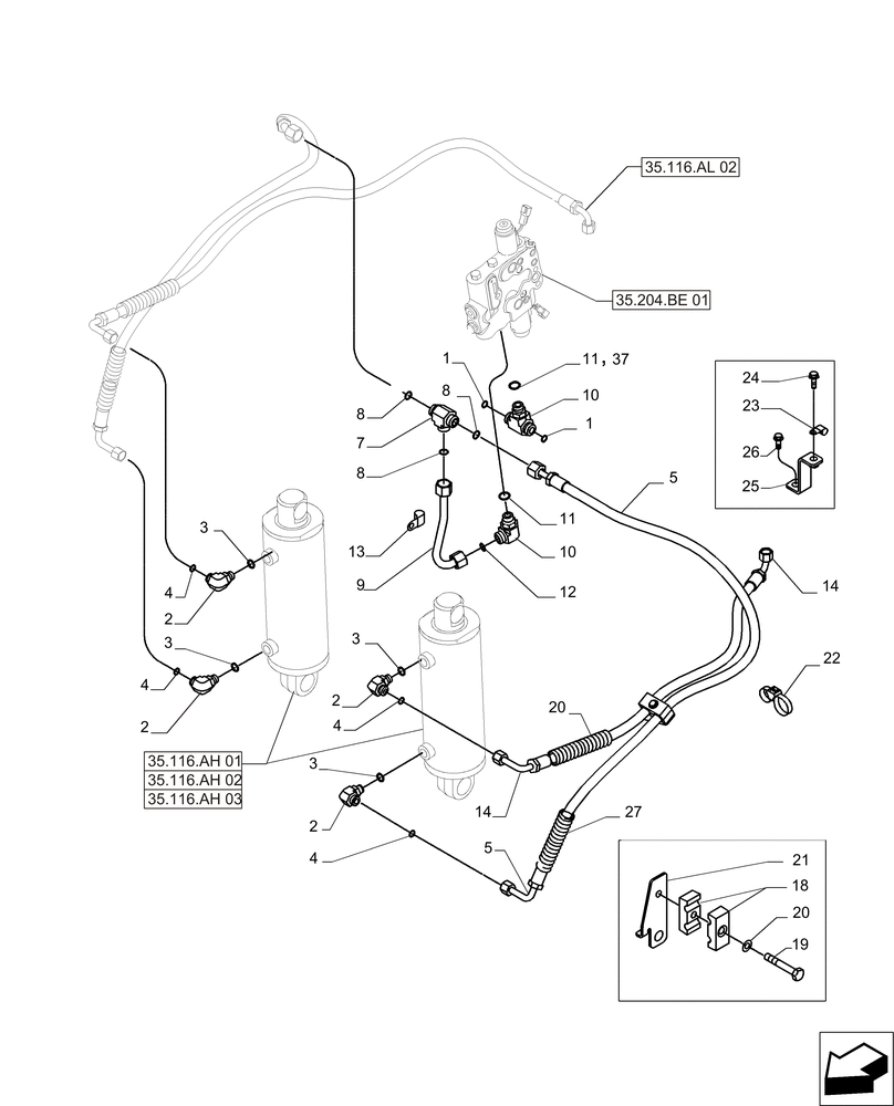 Схема запчастей Case IH MAGNUM 235 - (35.116.AL[01]) - HOOK OF THE HYDRAULICAL SYSTEM (35) - HYDRAULIC SYSTEMS