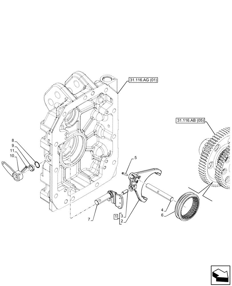 Схема запчастей Case IH MAXXUM 145 - (31.116.AB[06]) - VAR - 390801, 390802, 758436, 758437, 758584, 758585 - PTO, DRIVEN SHAFT, FORK (540E/1000/1000E RPM) (31) - IMPLEMENT POWER TAKE OFF