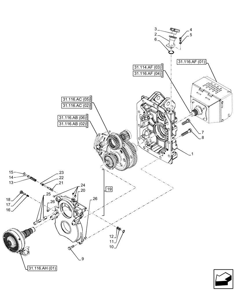 Схема запчастей Case IH MAXXUM 135 - (31.116.AG[01]) - VAR - 390801, 390802, 744740, 758436, 758437, 758439, 758584, 758585, 758586, 758587 - PTO, COVER (540E/1000/1000E RPM) (31) - IMPLEMENT POWER TAKE OFF