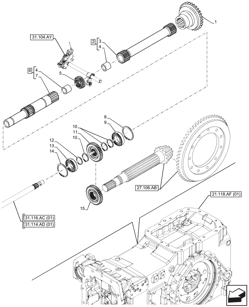 Схема запчастей Case IH MAXXUM 115 - (31.104.BA) - VAR - 744740, 758439, 758586, 758587 - PTO, SHAFT & GEAR, GROUND SPEED (540/540E/1000 RPM) (31) - IMPLEMENT POWER TAKE OFF