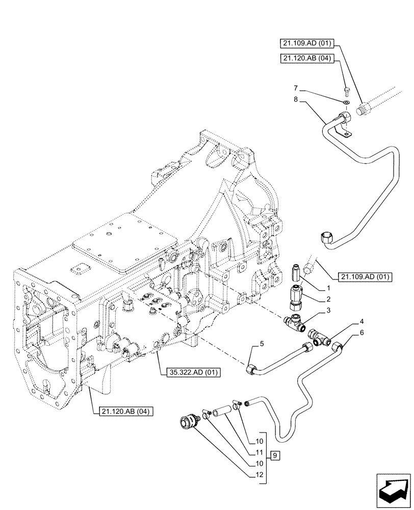 Схема запчастей Case IH PUMA 150 - (21.109.AD[04]) - VAR - 391136, 391351, 758011, 758012, 758013, 758014, 758015 - TRANSMISSION, OIL COOLER, LINE (21) - TRANSMISSION