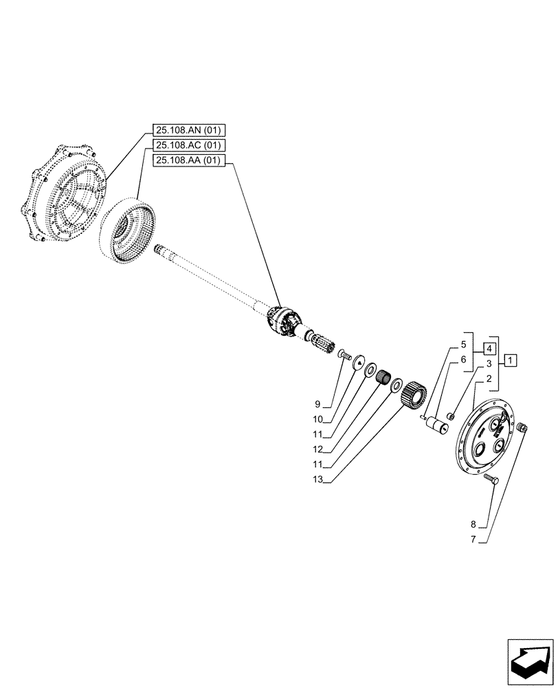 Схема запчастей Case IH PUMA 165 CVT - (25.108.AB[01]) - VAR - 391156 - 4WD FRONT AXLE, PLANETARY GEAR (25) - FRONT AXLE SYSTEM