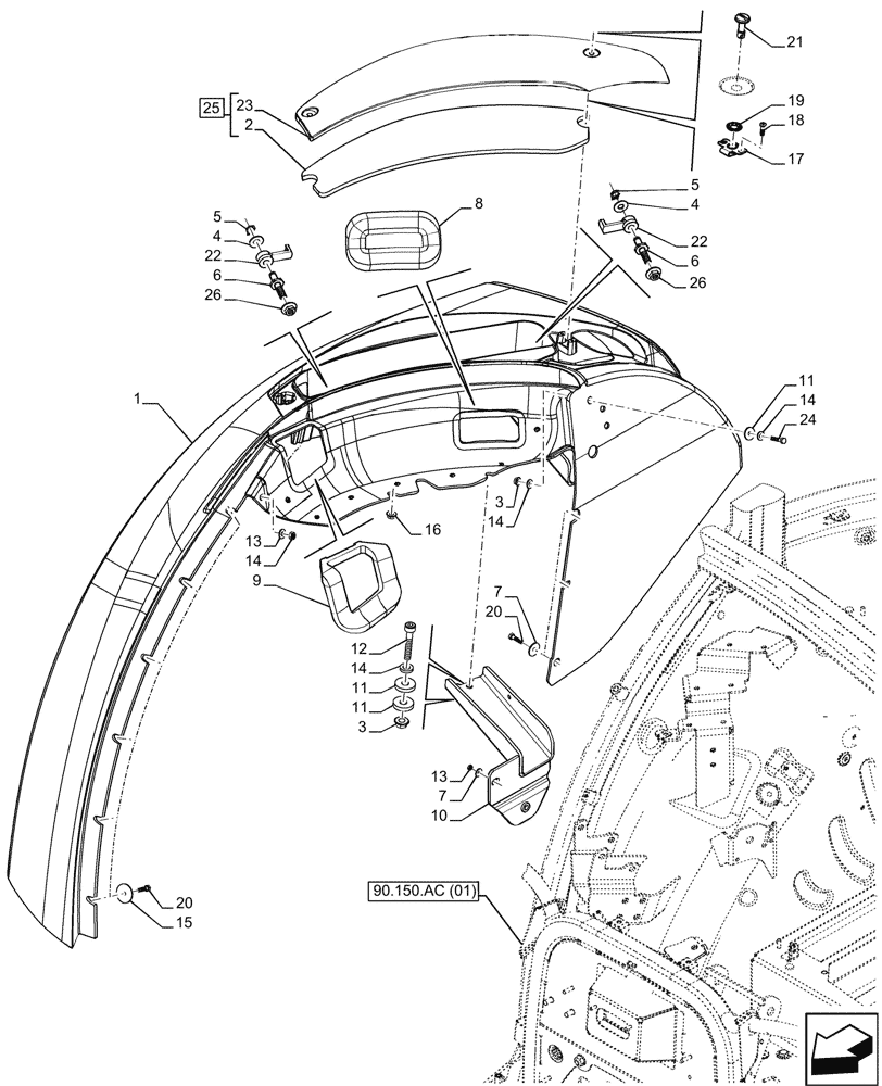 Схема запчастей Case IH FARMALL 75C - (90.114.05) - REAR FENDERS - W/CAB (90) - PLATFORM, CAB, BODYWORK AND DECALS