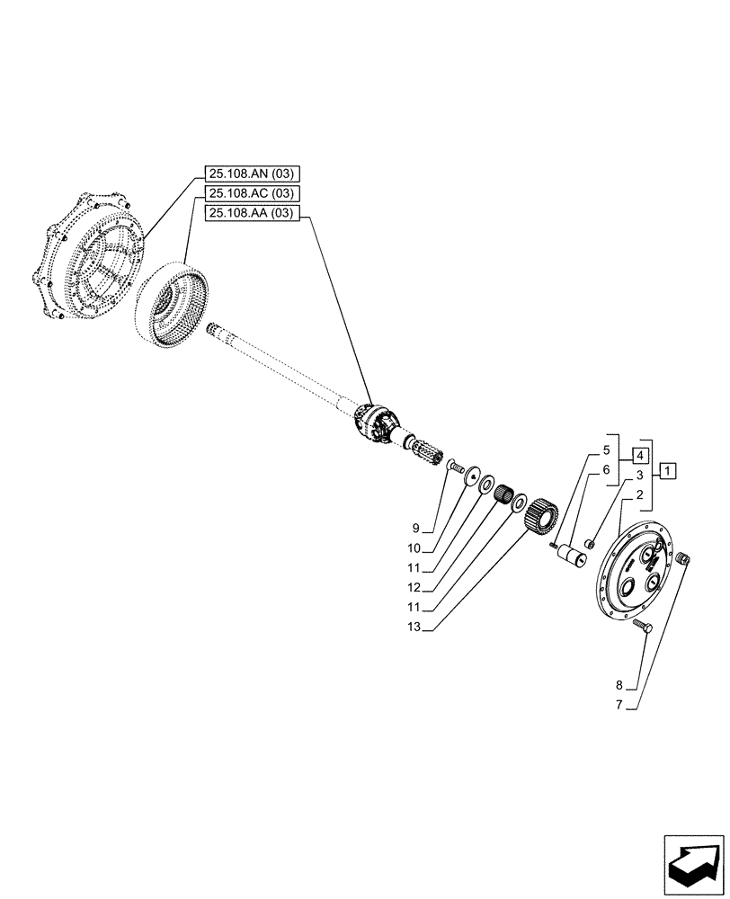 Схема запчастей Case IH PUMA 150 - (25.108.AB[03]) - VAR - 758046 - FRONT AXLE, SUSPENDED W/BRAKES, PLANETARY GEAR (25) - FRONT AXLE SYSTEM