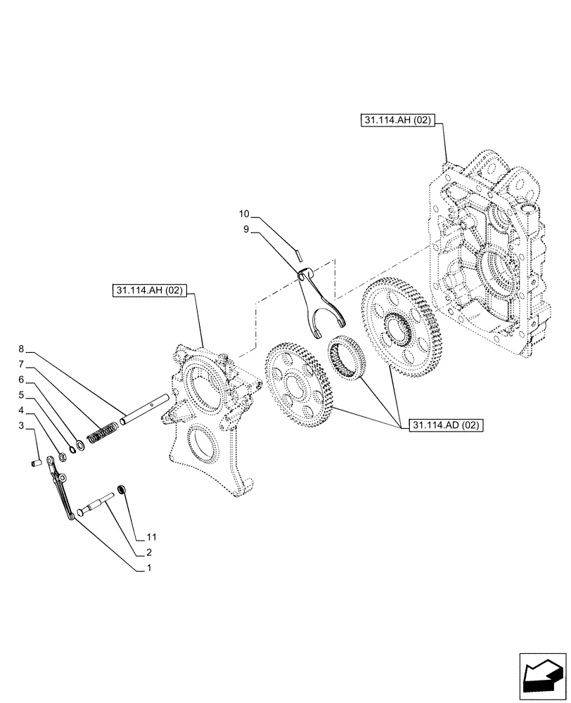 Схема запчастей Case IH PUMA 150 CVT - (31.114.AO[02]) - VAR - 758031 - PTO 540/1000 RPM, PTO, SELECTOR (31) - IMPLEMENT POWER TAKE OFF