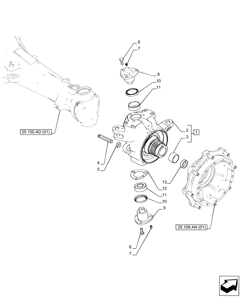 Схема запчастей Case IH PUMA 185 CVT - (25.108.AG[01]) - VAR - 391157 - 4WD FRONT AXLE, STEERING KNUCKLE, RH (25) - FRONT AXLE SYSTEM