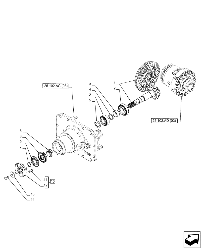 Схема запчастей Case IH PUMA 165 - (25.102.AB[03]) - VAR - 758046 - FRONT AXLE, SUSPENDED W/BRAKES, BEVEL PINION (25) - FRONT AXLE SYSTEM