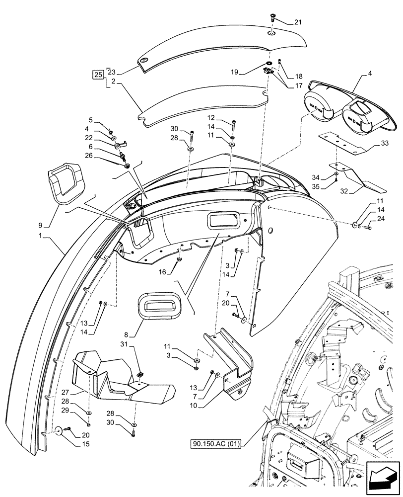 Схема запчастей Case IH FARMALL 105C - (90.116.AC[11A]) - VAR - 743599, 744599 - REAR FENDER, CAB, HI-LO - BEGIN YR 03-JAN-2015 (90) - PLATFORM, CAB, BODYWORK AND DECALS