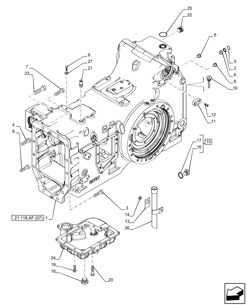 Схема запчастей Case IH PUMA 150 CVT - (21.118.AF[06]) - VAR - 391138, 758022, 758870 - TRANSMISSION HOUSING, CVT (21) - TRANSMISSION