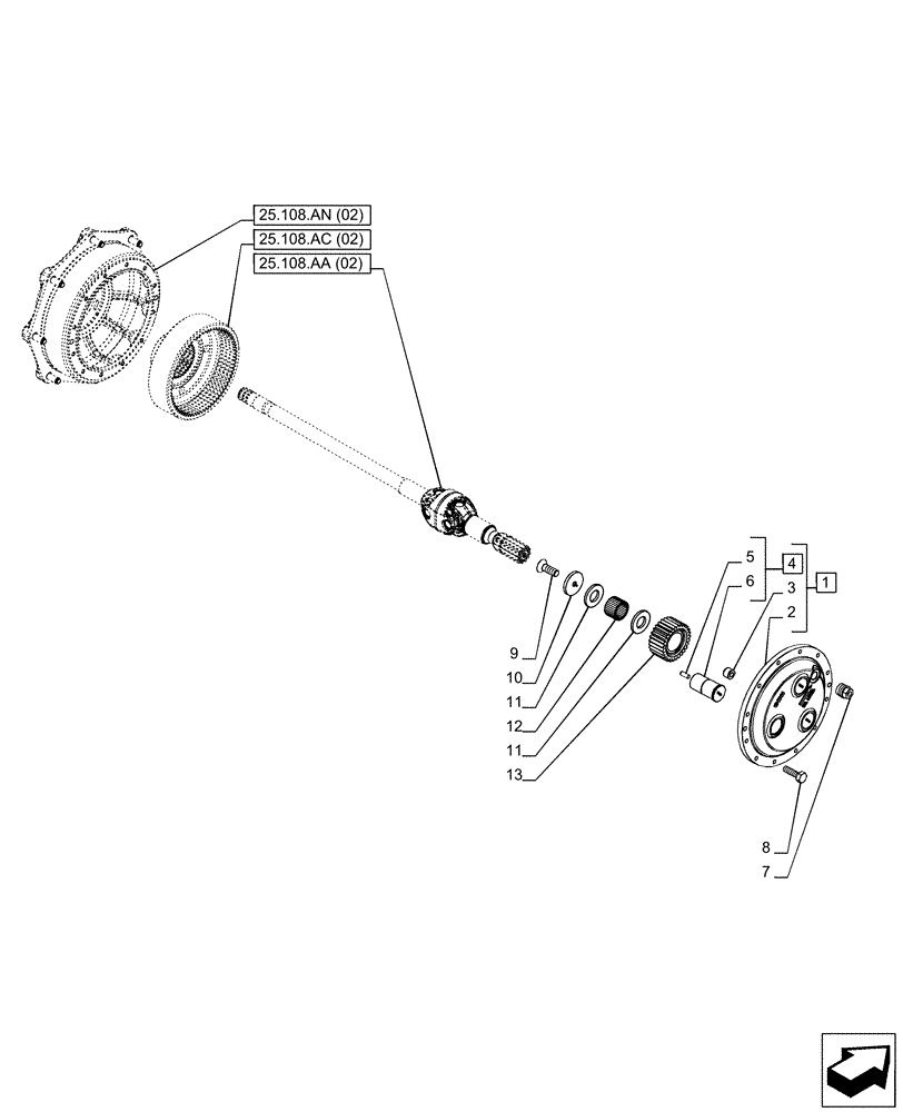 Схема запчастей Case IH PUMA 165 - (25.108.AB[02]) - VAR - 758045 - FRONT AXLE, SUSPENDED, PLANETARY GEAR (25) - FRONT AXLE SYSTEM