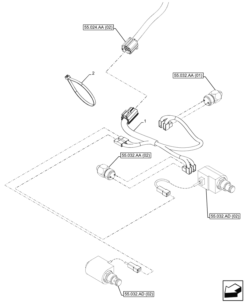 Схема запчастей Case IH MAXXUM 135 - (55.032.AC[02]) - VAR - 744785 - PNEUMATIC TRAILER BRAKE, HARNESS (55) - ELECTRICAL SYSTEMS
