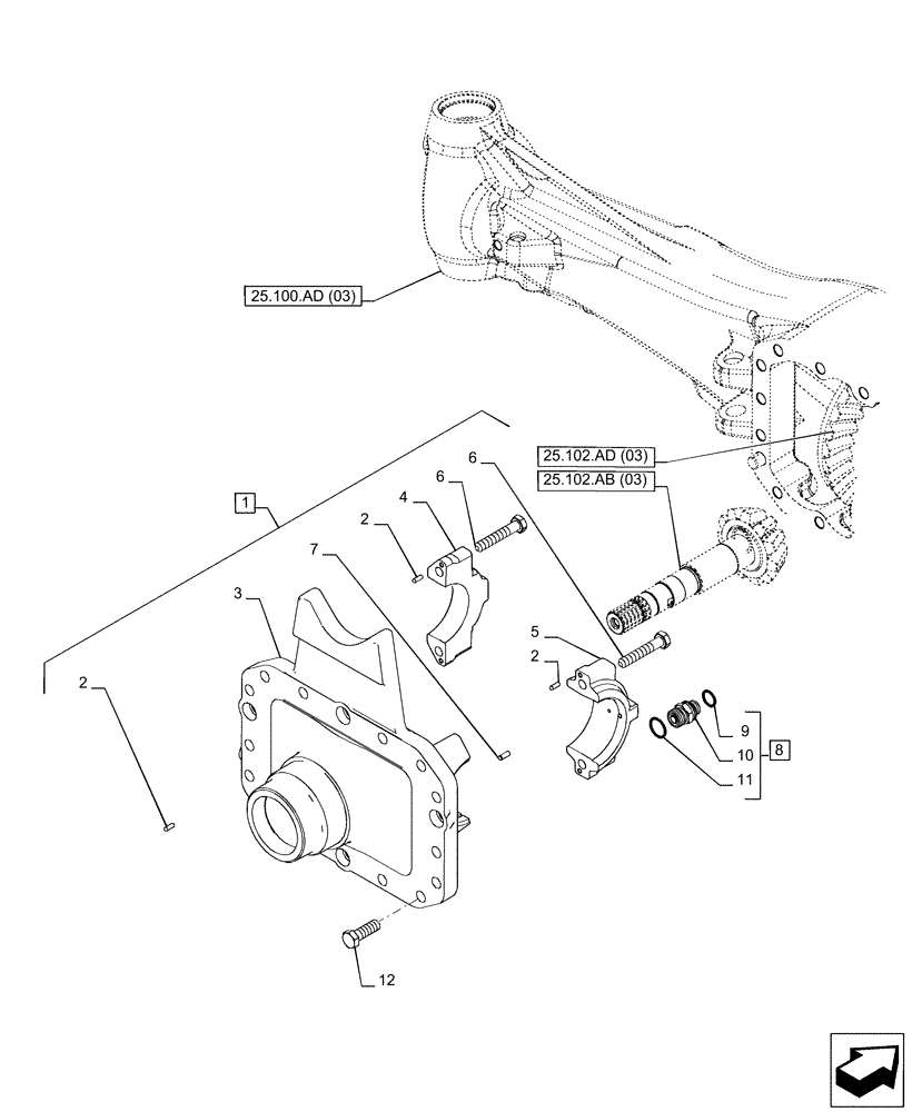 Схема запчастей Case IH PUMA 150 - (25.102.AC[03]) - VAR - 758046 - FRONT AXLE, SUSPENDED W/BRAKES, DIFFERENTIAL CARRIER (25) - FRONT AXLE SYSTEM