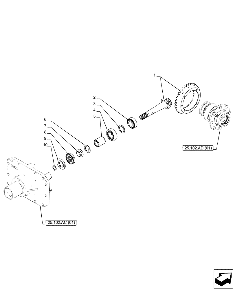 Схема запчастей Case IH PUMA 220 - (25.102.AB[01]) - VAR - 391157 - 4WD FRONT AXLE, BEVEL PINION (25) - FRONT AXLE SYSTEM