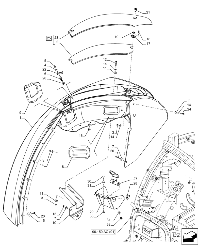 Схема запчастей Case IH FARMALL 85C - (90.116.AC[11]) - VAR - 743599, 744599 - REAR FENDER, CAB, HI-LO - END YR 02-JAN-2015 (90) - PLATFORM, CAB, BODYWORK AND DECALS