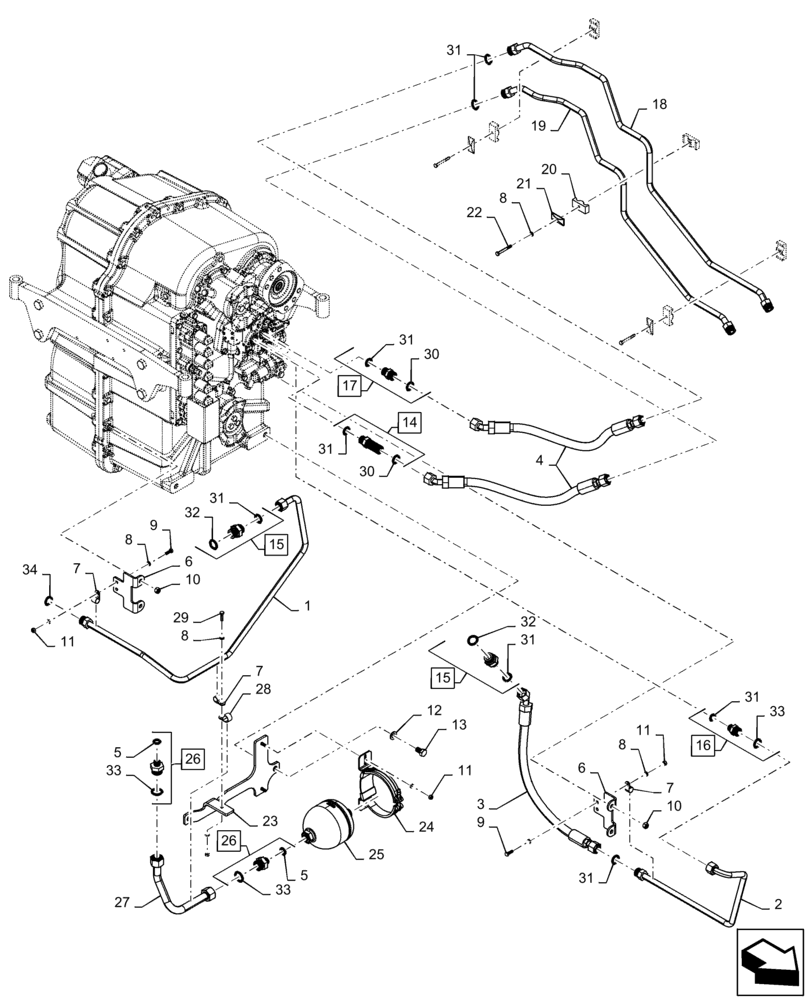 Схема запчастей Case IH QUADTRAC 470 - (21.105.BL[05]) - TRANSMISSION LUBRICATION LINES, FRONT, 470, 500 HD, 540 HD, ASN ZFF308001 (21) - TRANSMISSION