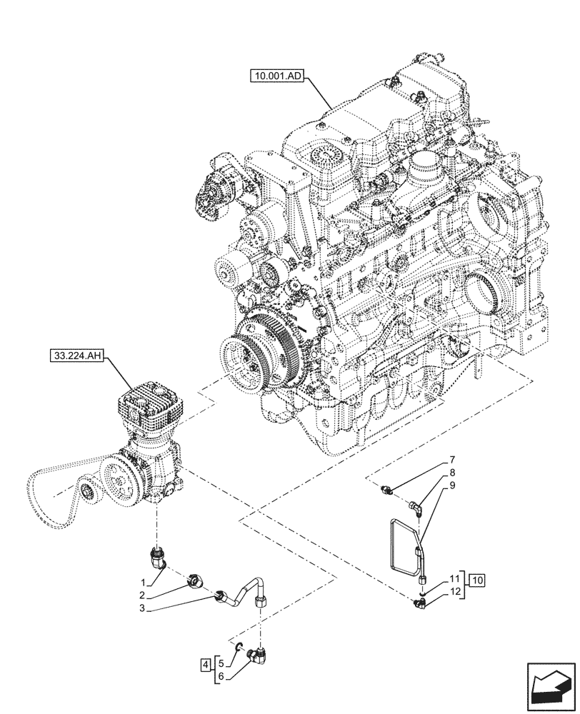 Схема запчастей Case IH MAXXUM 135 - (33.224.AM) - VAR - 758447, 758448, 758449 - PNEUMATIC TRAILER BRAKE, COMPRESSOR, LUBRICATION LINE (33) - BRAKES & CONTROLS