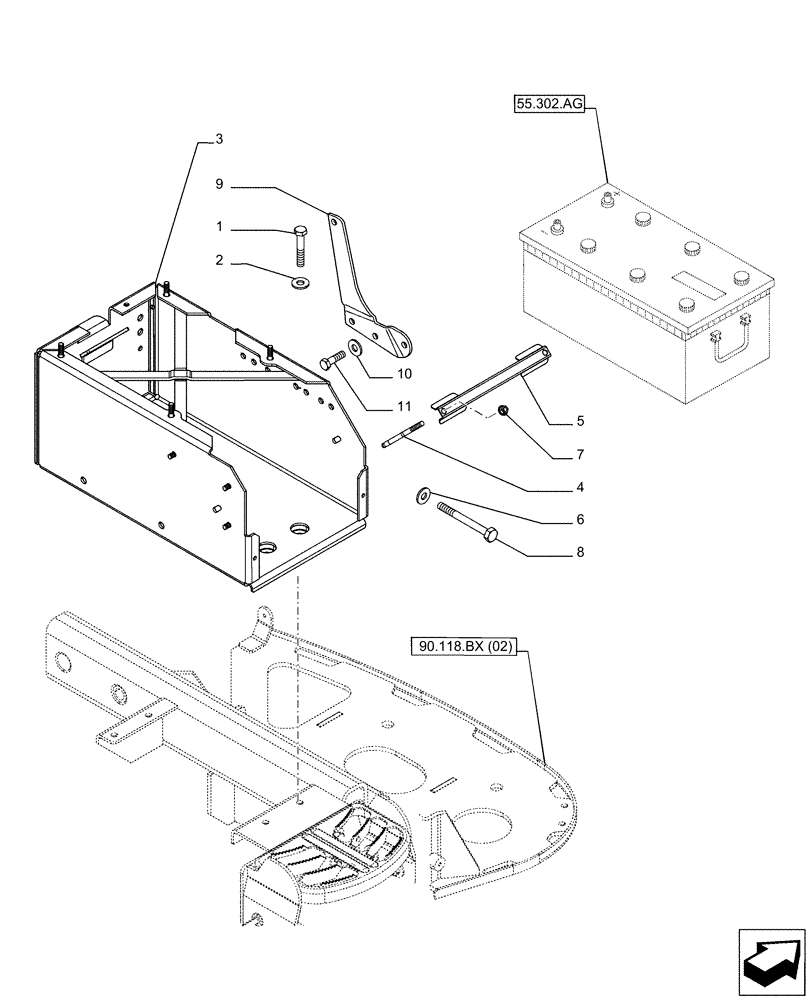 Схема запчастей Case IH PUMA 150 - (55.302.AK) - VAR - 391130 , 392753, 758000 - BATTERY SUPPORT (55) - ELECTRICAL SYSTEMS