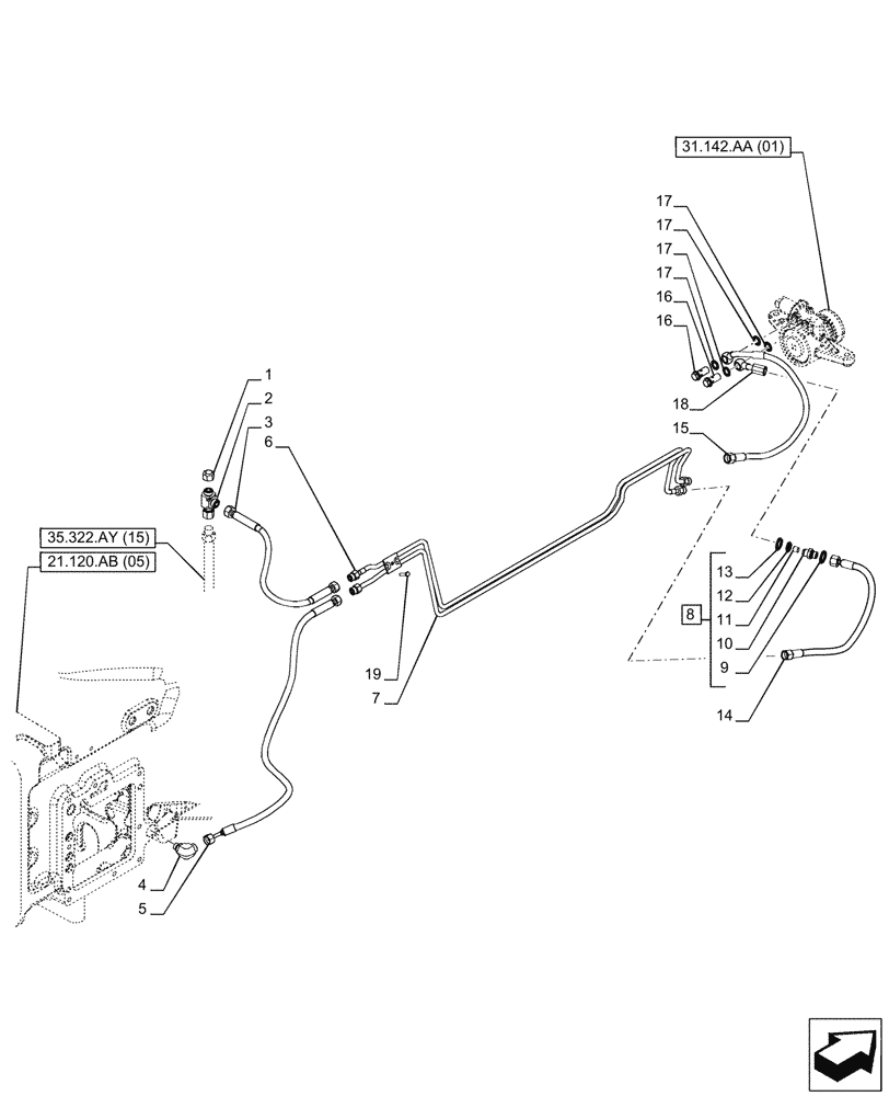 Схема запчастей Case IH PUMA 150 CVT - (31.142.AF[02]) - VAR - 758091, 758093, 758245, 758247 - FRONT PTO ASSY, LINE (31) - IMPLEMENT POWER TAKE OFF