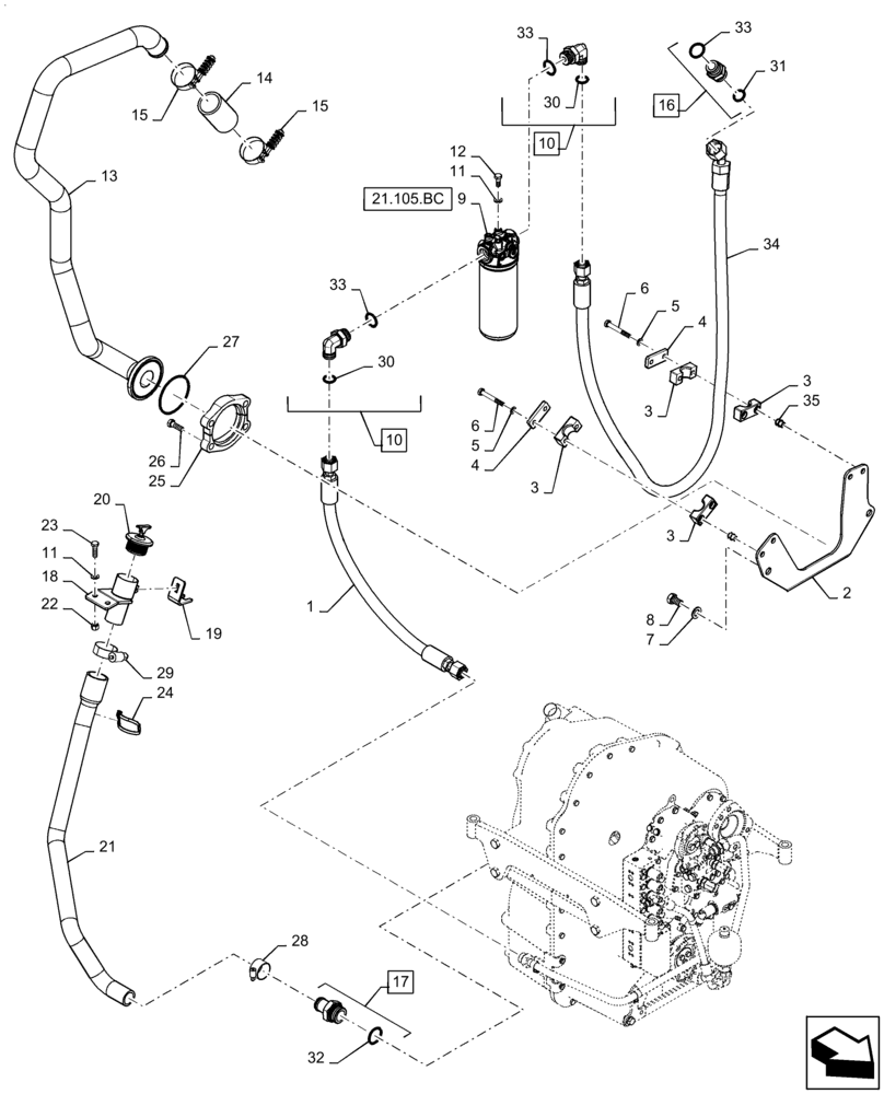 Схема запчастей Case IH QUADTRAC 500 - (21.105.BL[06]) - TRANSMISSION LUBRICATION LINES, REAR, 470, 500 HD, 540 HD, ASN ZFF308001 (21) - TRANSMISSION