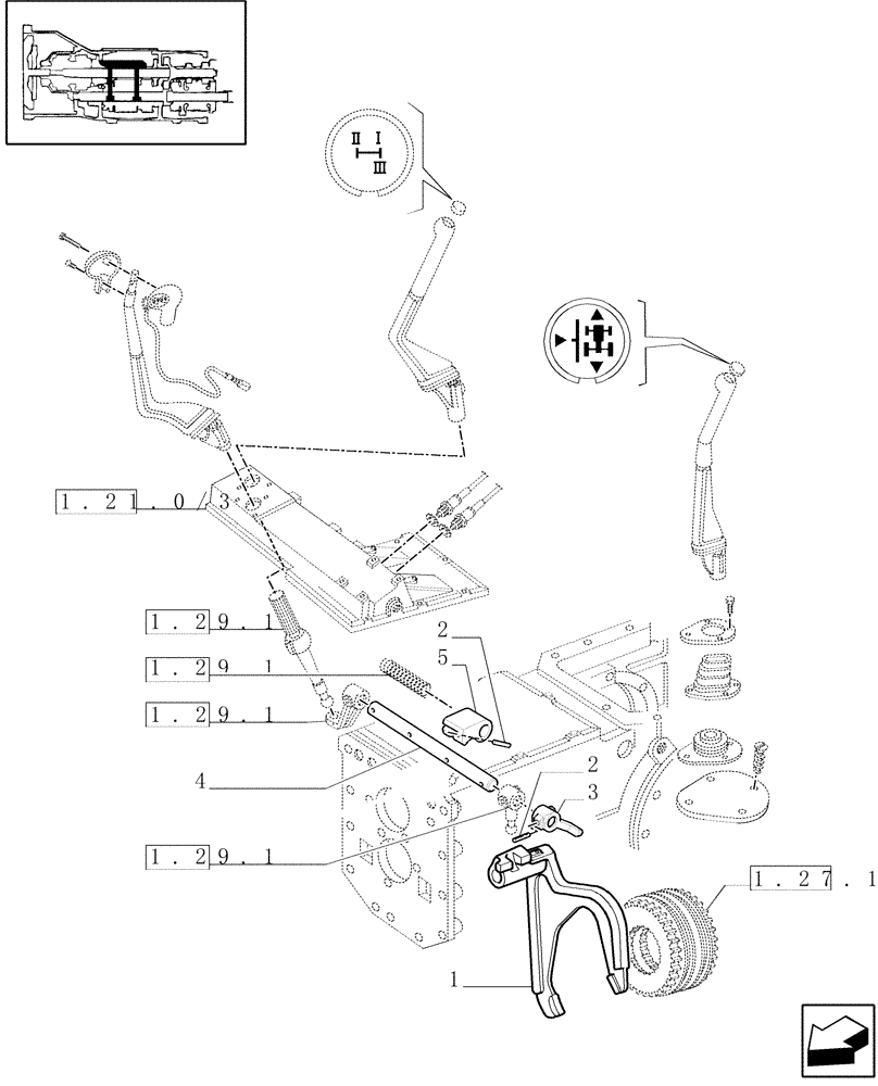 Схема запчастей Case IH JX100U - (1.29.0/05) - (VAR.275-279) POWER SHUTTLE - HI-LO - 30-40 KMH - HYDRAULIC PTO - ROD AND FORK (03) - TRANSMISSION