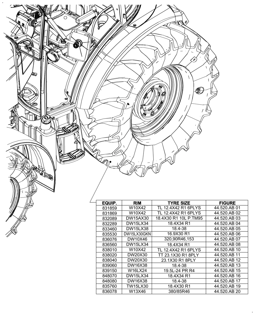 Схема запчастей Case IH FARMALL 120A - (00.000.44[02]) - PICTORIAL INDEX - REAR WHEELS (00) - GENERAL & PICTORIAL INDEX